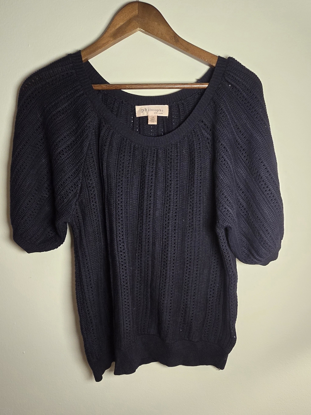 Philosophy Republic Clothing Navy Pointelle Knit Puff Short Sleeve Sweater L